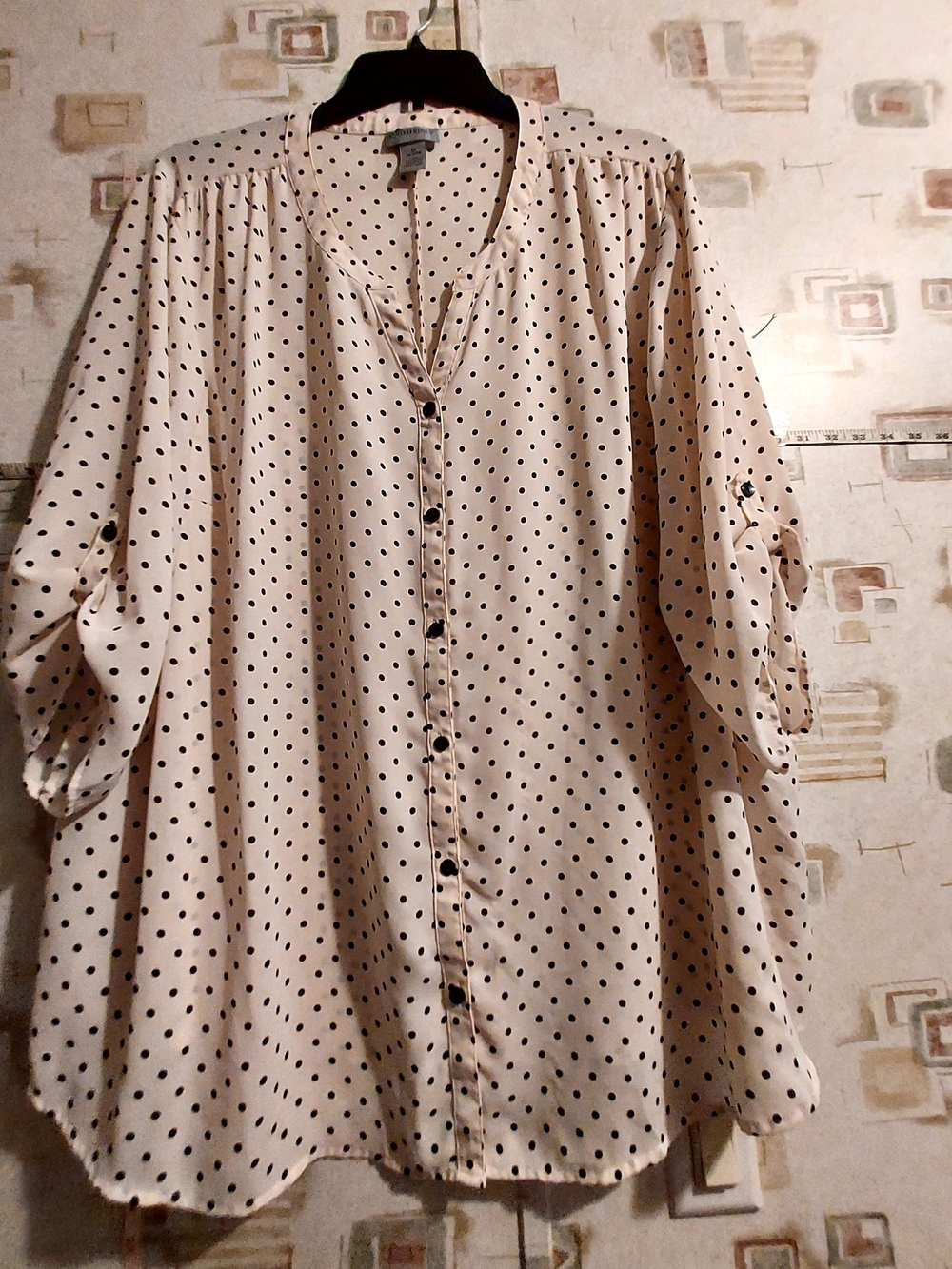 Catherines Cream Button-Down Shirt with Black Polka Dots